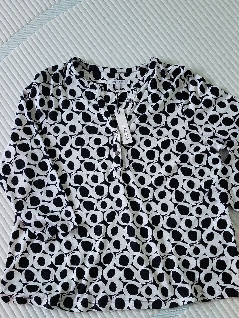 Chico's Black and White Circle-Print Henley Tunic